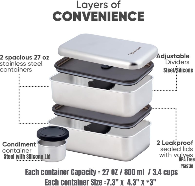 Modaniam LEAK Proof Stackable Stainless Steel Bento Box Adult |Stainless Steel Lunch Box for adults| Metal Bento box|Japanese Lunch Container |large with compartment| Korean bentobox| Non toxic|Microwave safe - Image 2